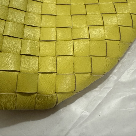 Yellow Intrecciato Woven Half Moon Leather Clutch Wristlet Top Handle Bag - Picture 15 of 16